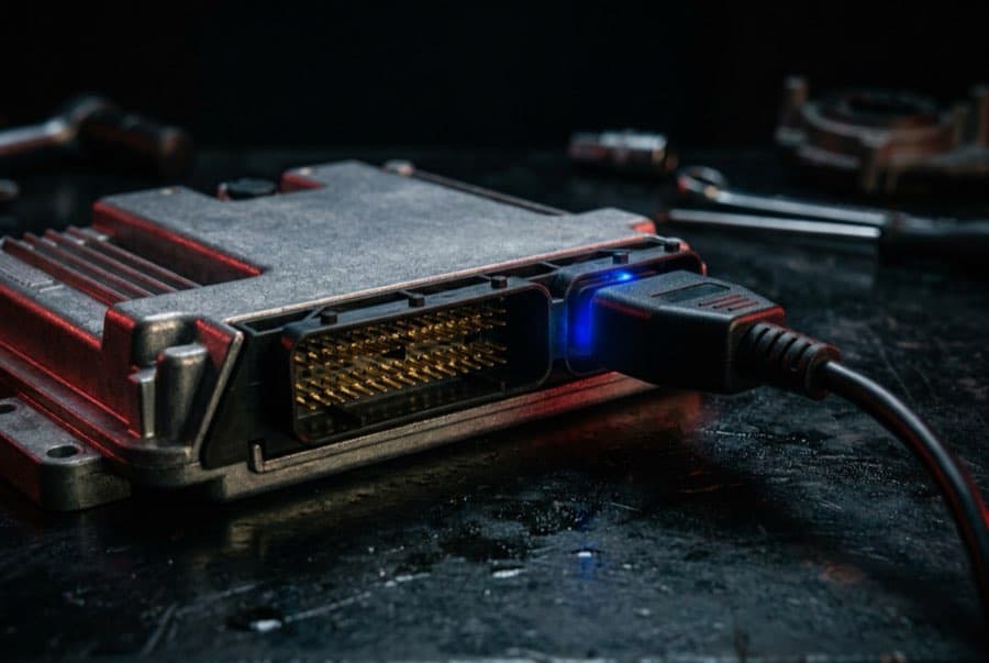 Illustrative example: Corroded control module beside a new programmed unit, after