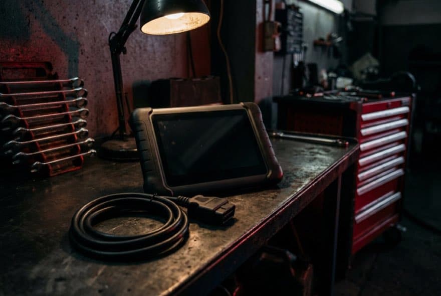 Diagnostic scan tool on a workbench in a dark shop