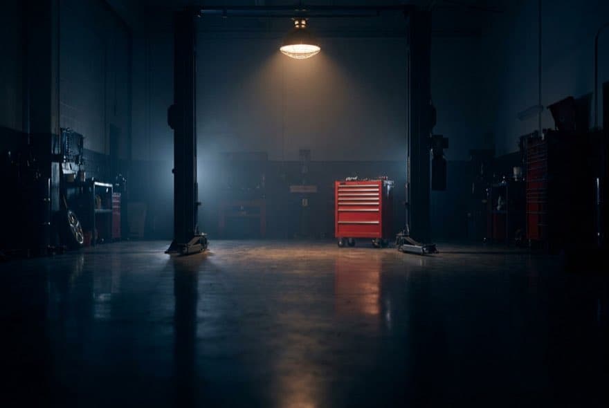 Dark auto shop interior with a vehicle lift and red tool chest