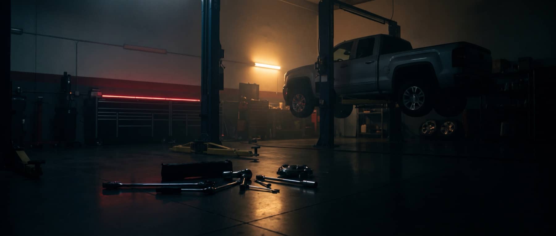 Empty repair bay at night with a pickup raised on a two-post lift under amber work lights