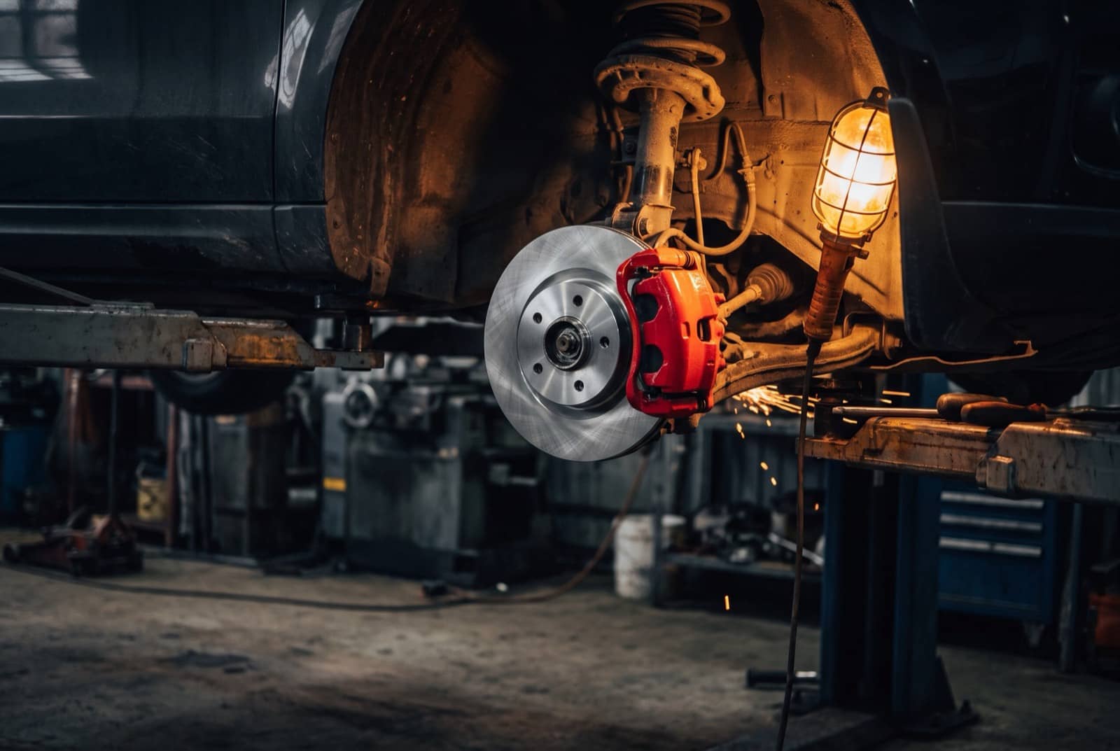 New brake rotor and red caliper on a lifted vehicle in a dark workshop