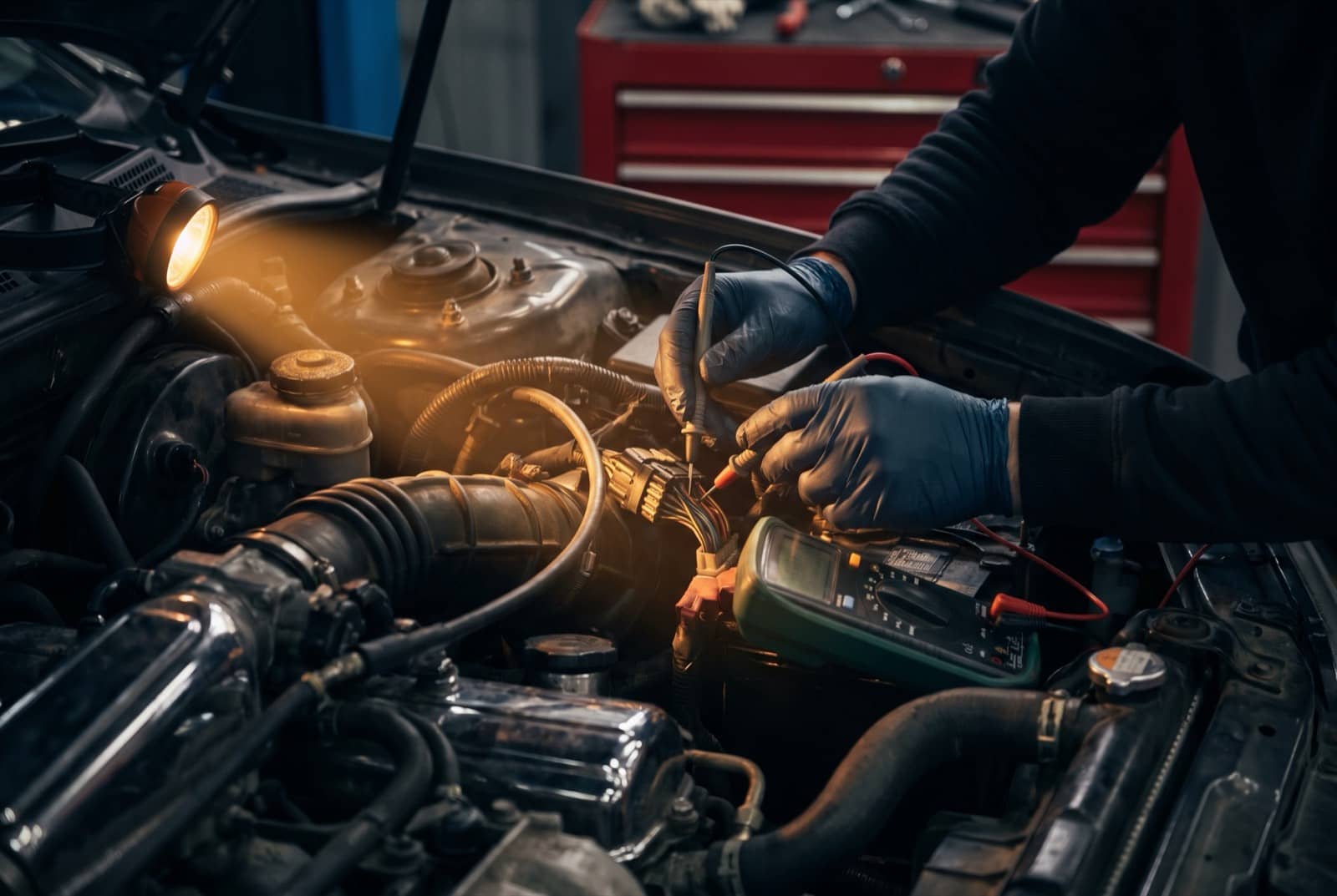 Gloved hands probing a wiring connector with a multimeter in a dark engine bay